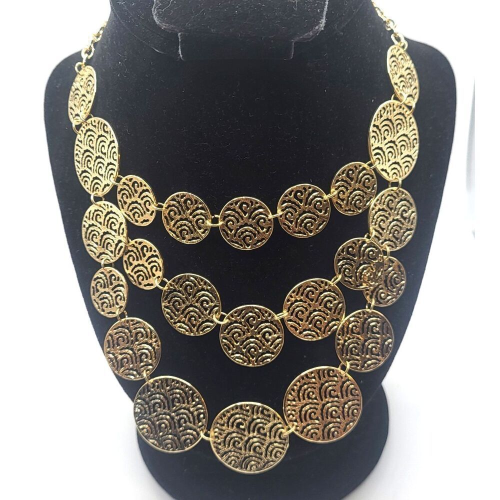 Vintage Gold "Coin" Triple Strand Bib Necklace 20in